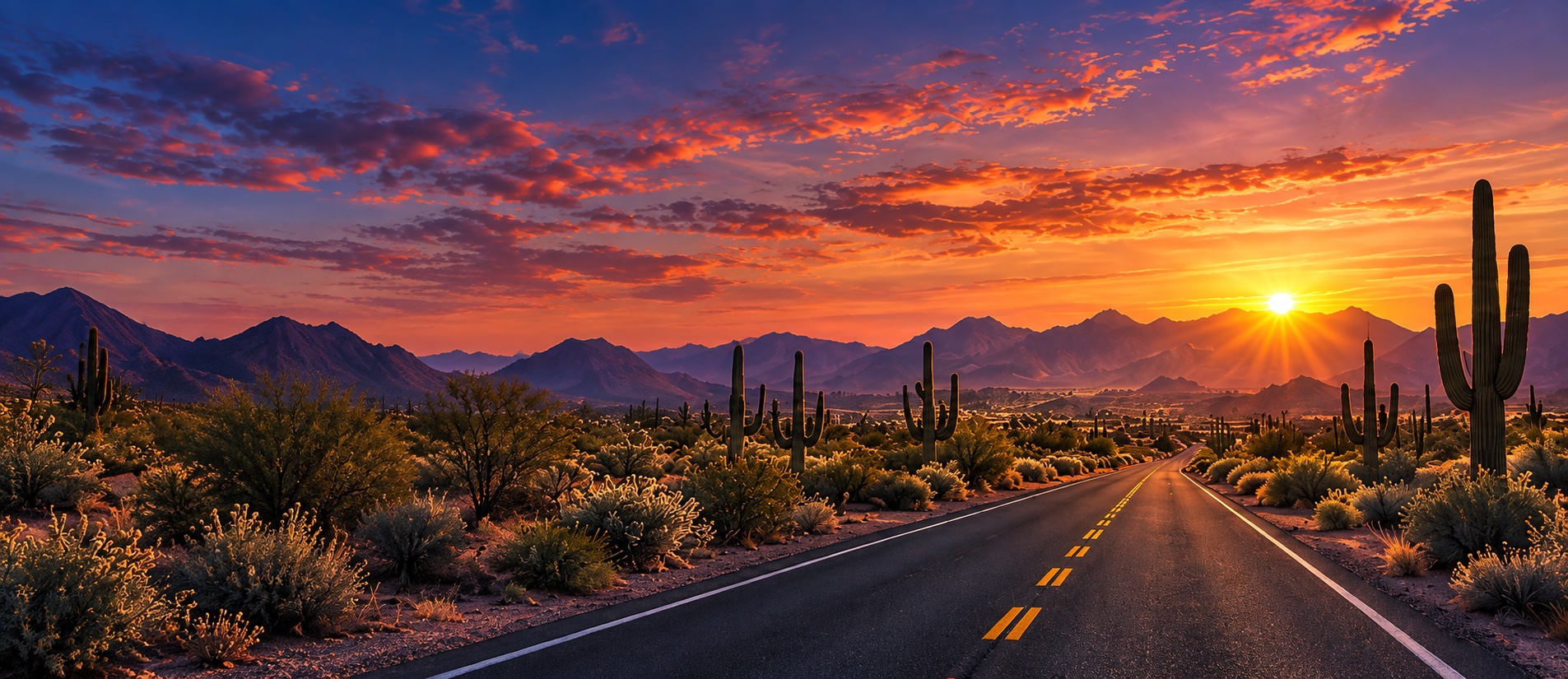 A desert road through Arizona’s saguaro cacti and mountains at sunset